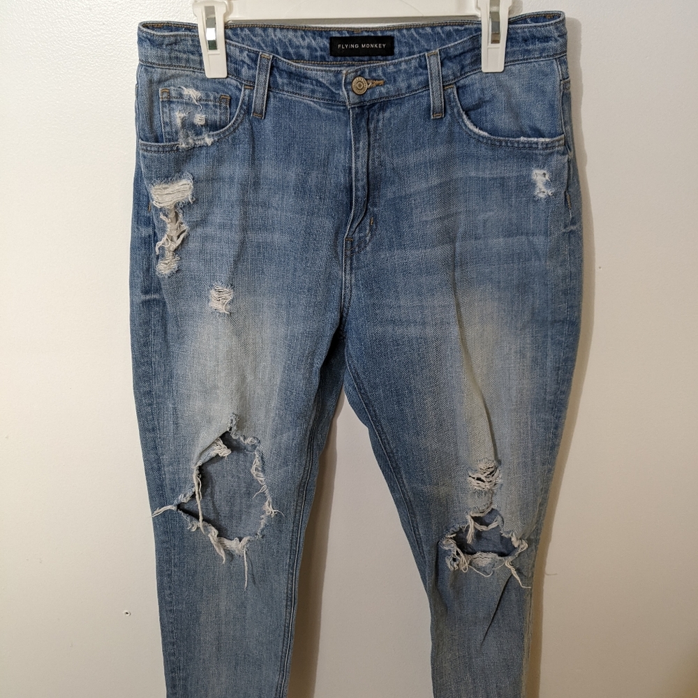 Flying Monkey Denim Women's boyfriend jeans mid rise medium wash distressed.